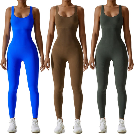 Seamless Yoga Jumpsuit, Cinched Waist, Slim-Fit Sports Elastic.
Women's Knitted jumpsuit with Chest Pad.